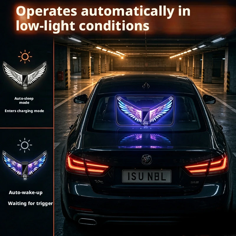 Cross-border solar angel wingsLEDWarning Light Car rear window suction cup ambient lightType-CCharging Induction