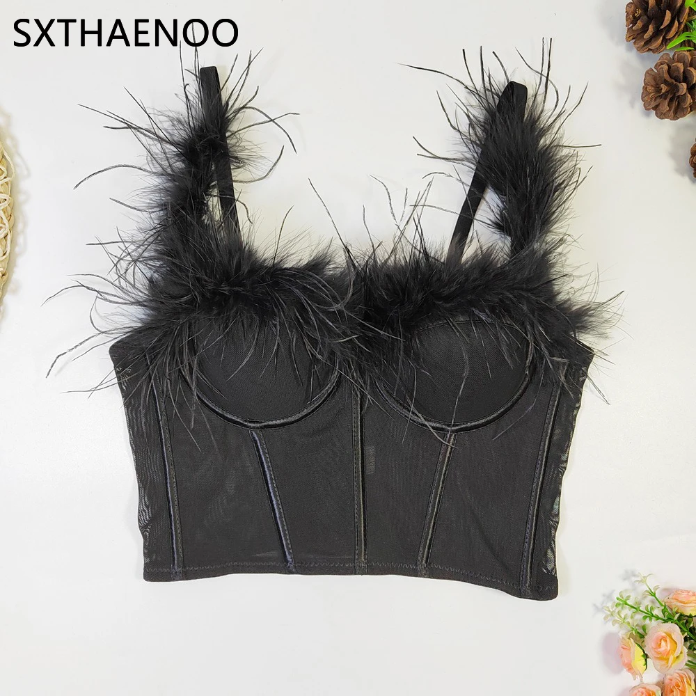 SXTHAENOO Lady Feather Corset Sexy Clothes Fashion Strap Plush Backless Slim Sheer Underwear Mesh Lingerie Tank Top Female Shirt