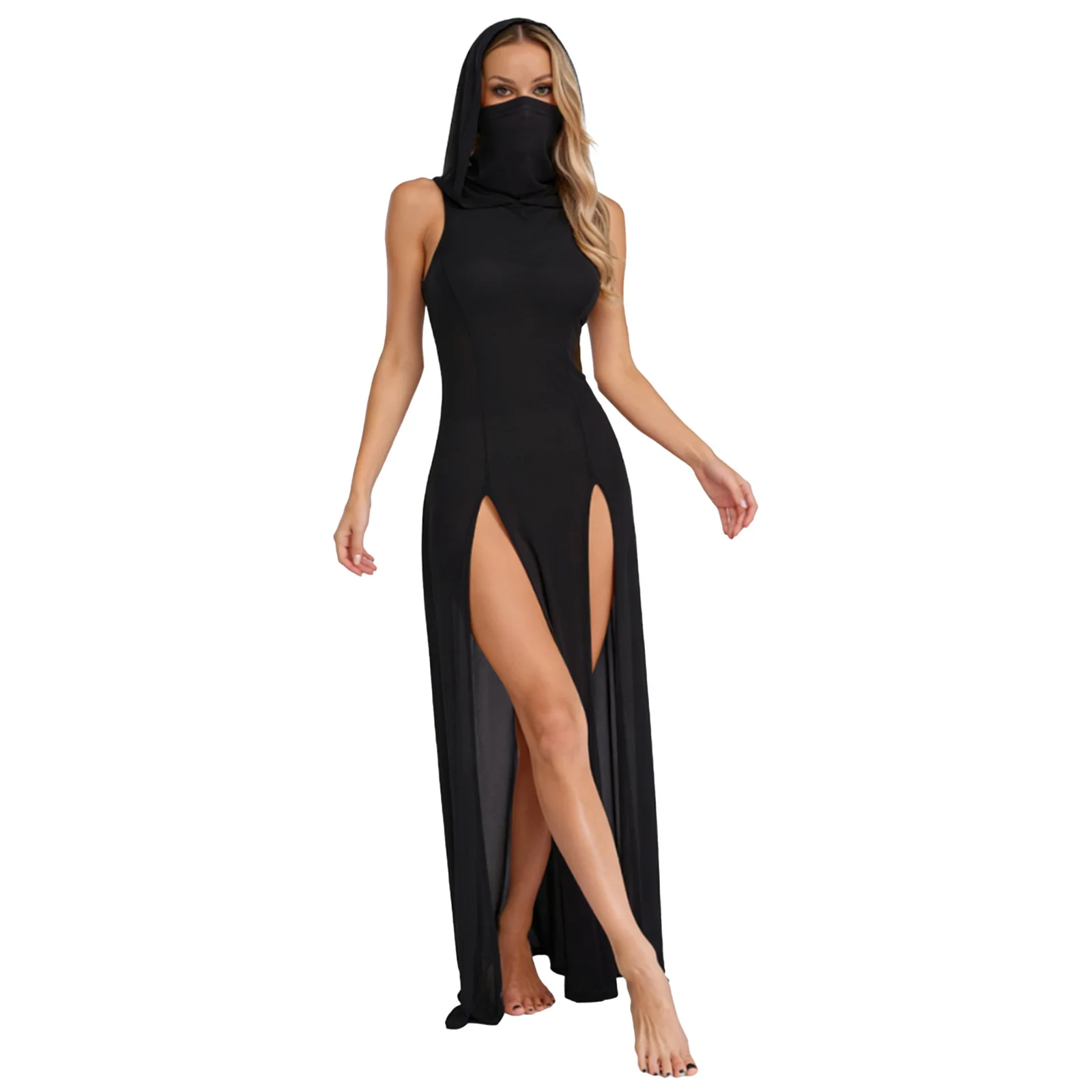 Women Sexy High Split Hooded Dress Sleeveless Gothic Sheer See-through Long Dresses Rave Outfits for Night Dating Nightdress