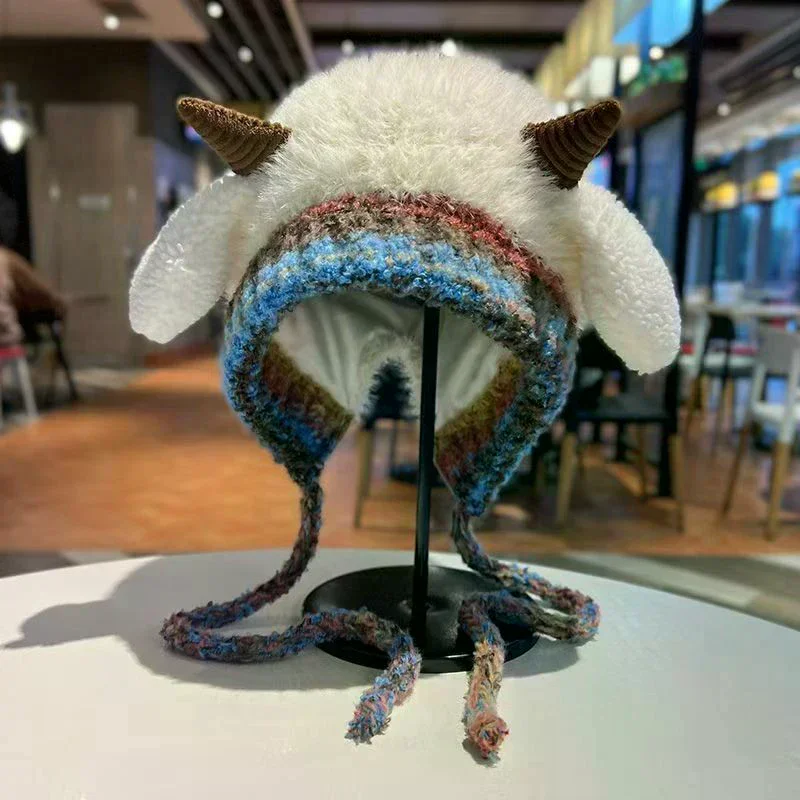 Mignon épais en peluche tricoté chapeau filles hiver chaud oreille Protection bonnets chapeau femmes confortable corne pull chapeaux