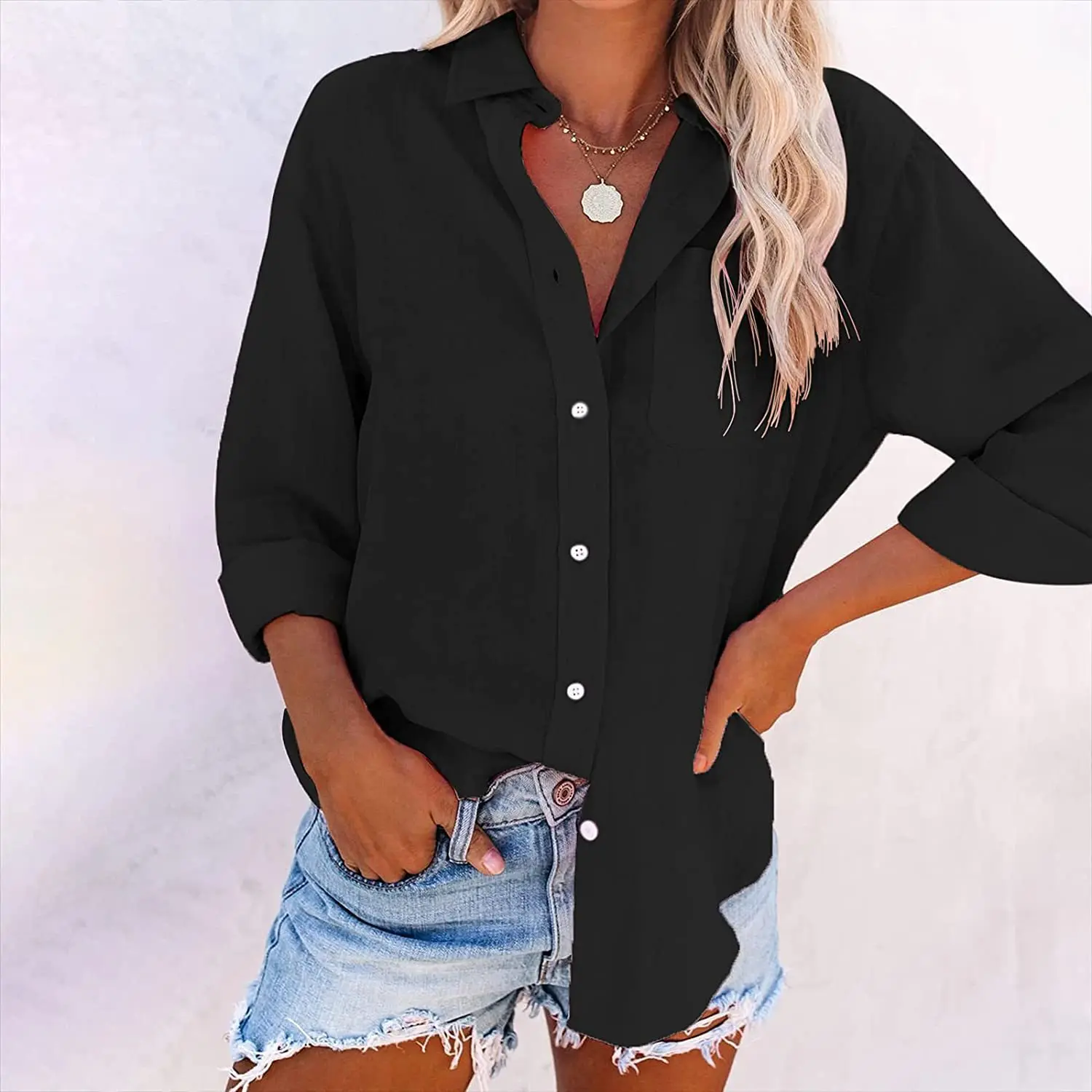 New Women's Solid Color Pocket Long Sleeve Loose Shirt