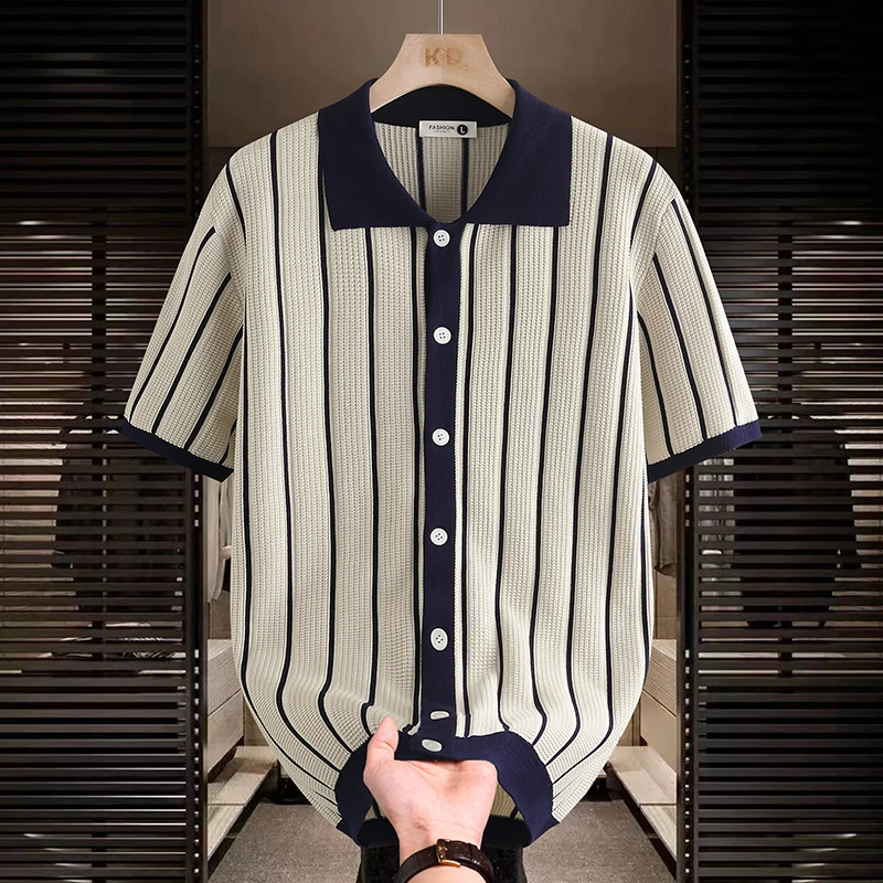 

New Ice Silk Polo Shirt Men Knitted Shirt Handsome High End Summer Vacation Style Fashion Lapel Short Sleeve Polo Knitted Shirt