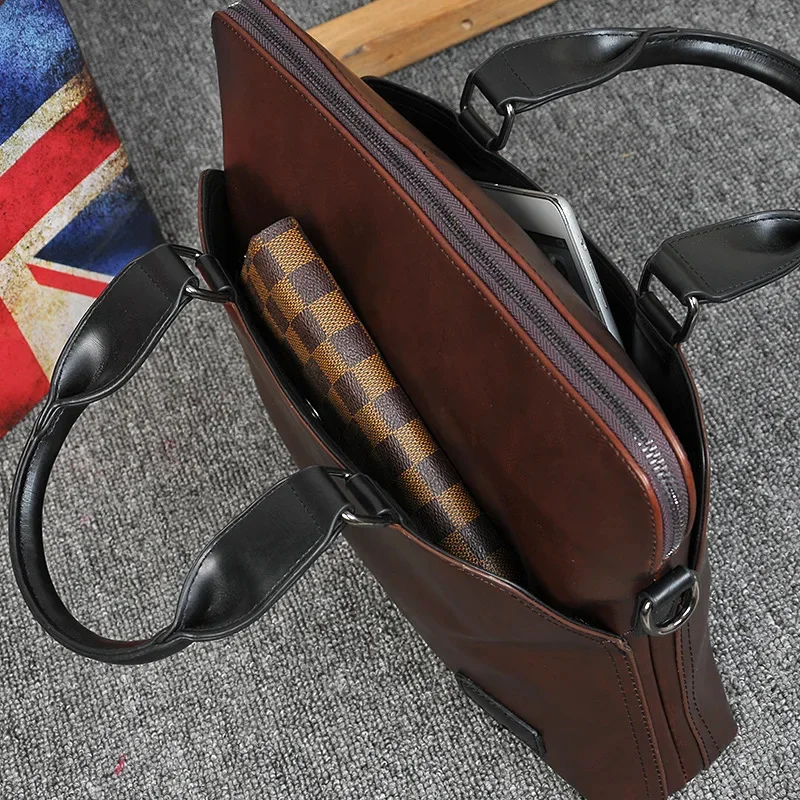 Vintage Soft Leather Men's Briefcase Business Handbag 14“ Laptop Casual Shoulder Messenger Bag For Male