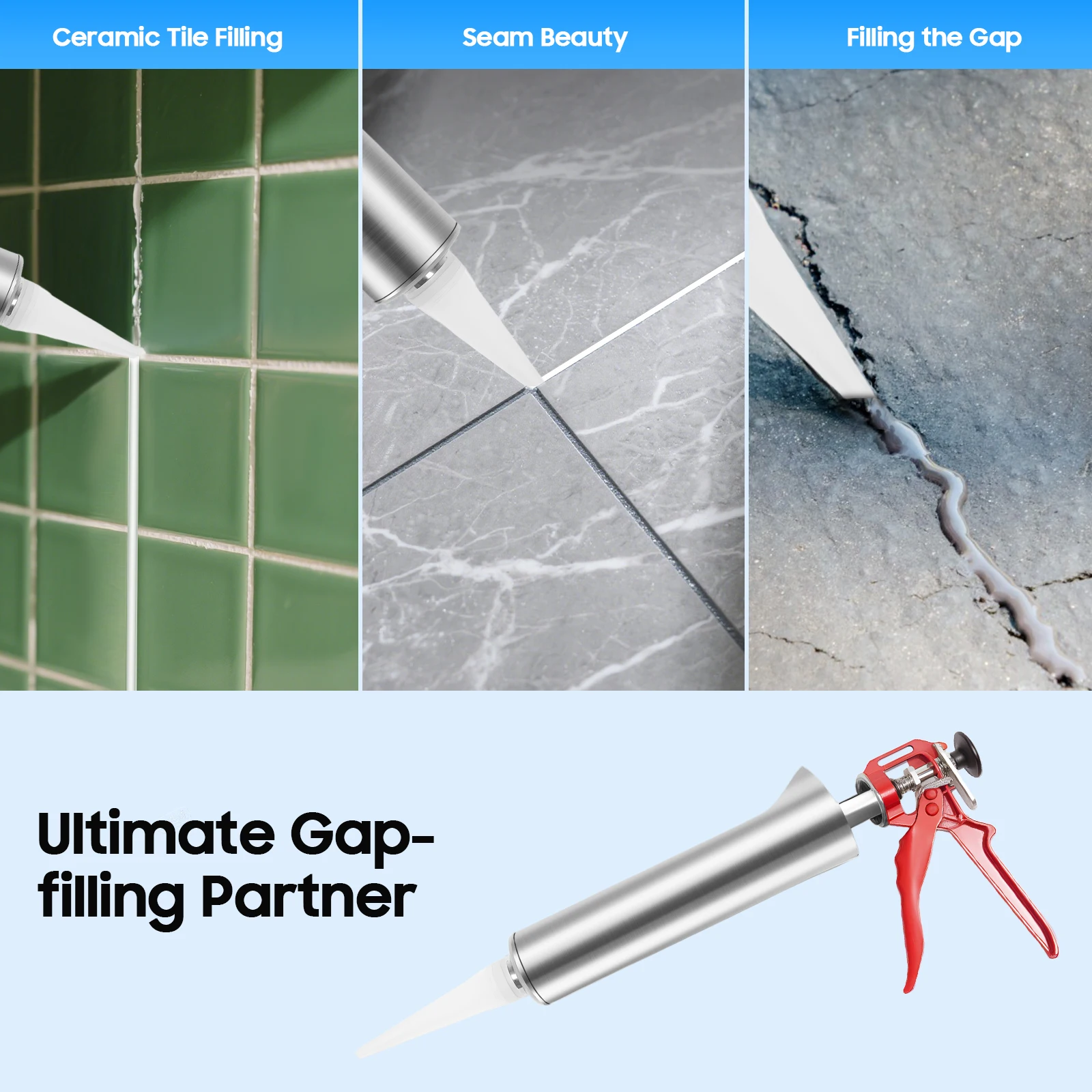 مسدس خياطة حائط أسمنتي من الدرجة الصناعية مع فوهات قابلة للتبديل لحشو البلاط وملء الفجوة، تصميم من الفولاذ المقاوم للصدأ