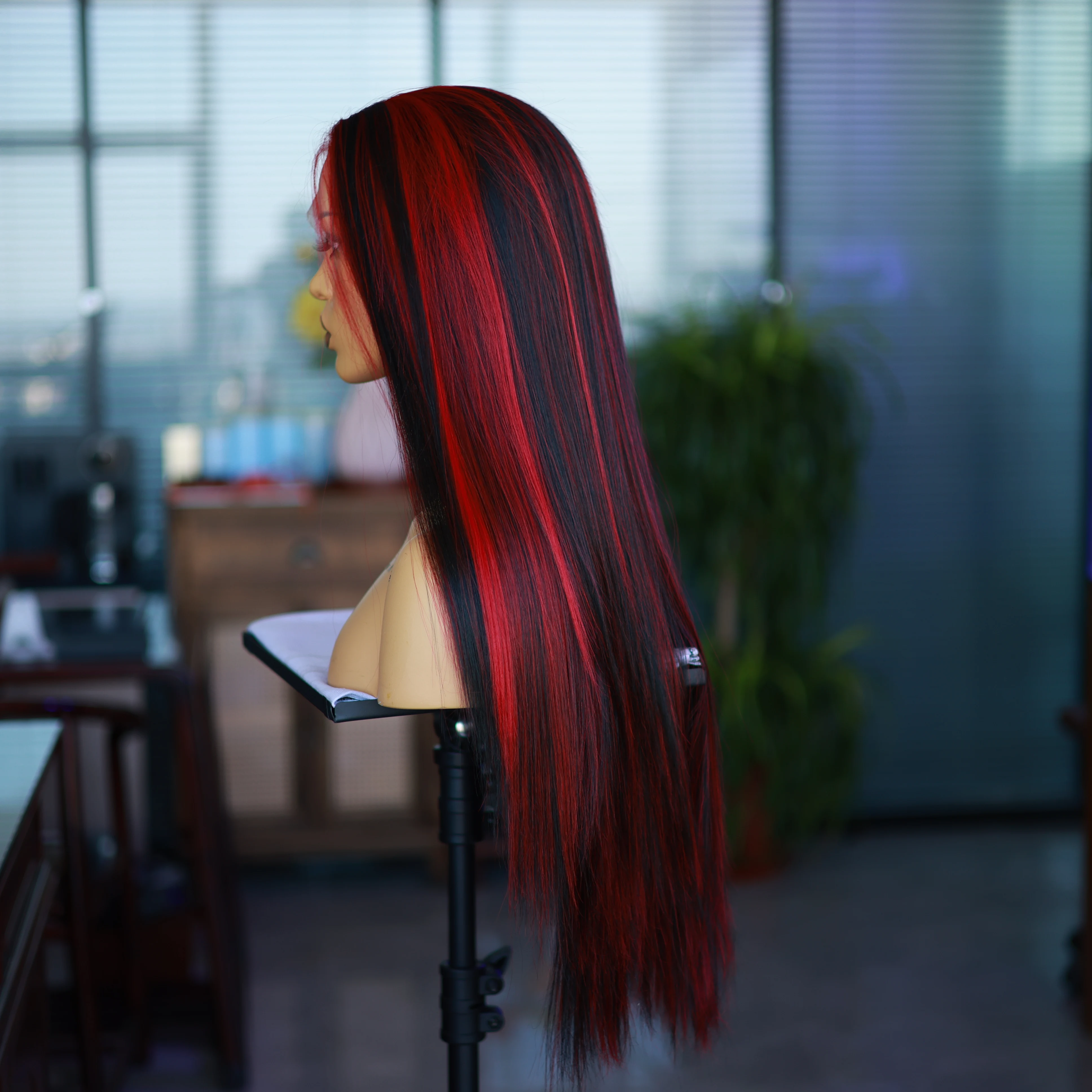 Black Red Stitching Synthetic HD 13*4 Front Lace Long Straight Wig Natural Hair Line Fashion Beautiful Gift Party Cosplay Wig