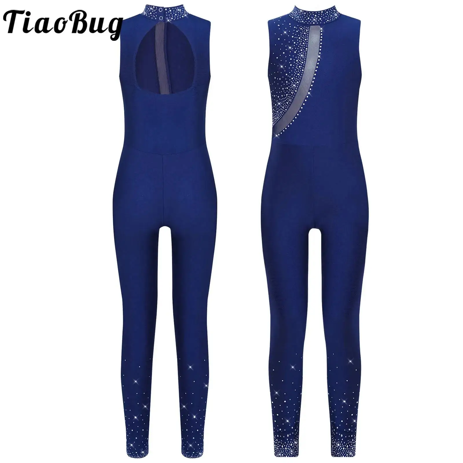 

Kids Girls Sleeveless Gymnastics Ballet Dance Leotard Jumpsuit Mesh Rhinestones Figure Skating Full Unitard Bodysuit Dancewear