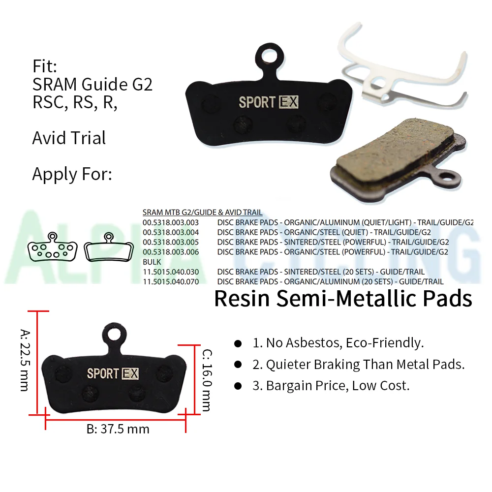 Bicycle Brake Pads for SRAM Guide RSC, RS, R, 4 Pairs, Sport EX