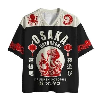 V Neck Mesh Jersey, Osaka Dotonbori Drunken Octopus Japanese Print Short Sleeve Loose Mesh Top