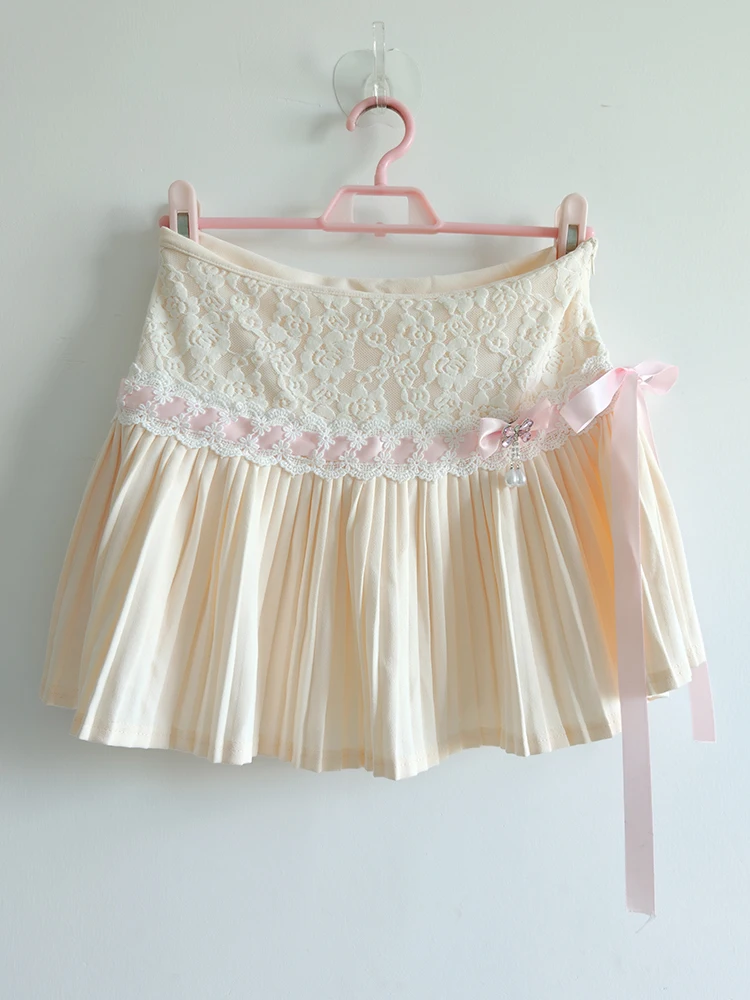 

Cute Pleated Skirts Women Bow Decoration Lace Patchwork A-line Mini Shorts Skirt for Sweet Girls