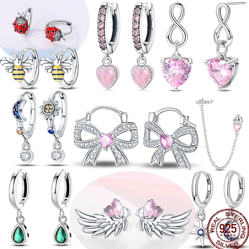 S925 Silver Pink Heart Bow Hoop/Stud/Drop Earrings with Sparkling Zirconia, Star Moon, Bees & Ladybug Charms Jewelry Gifts