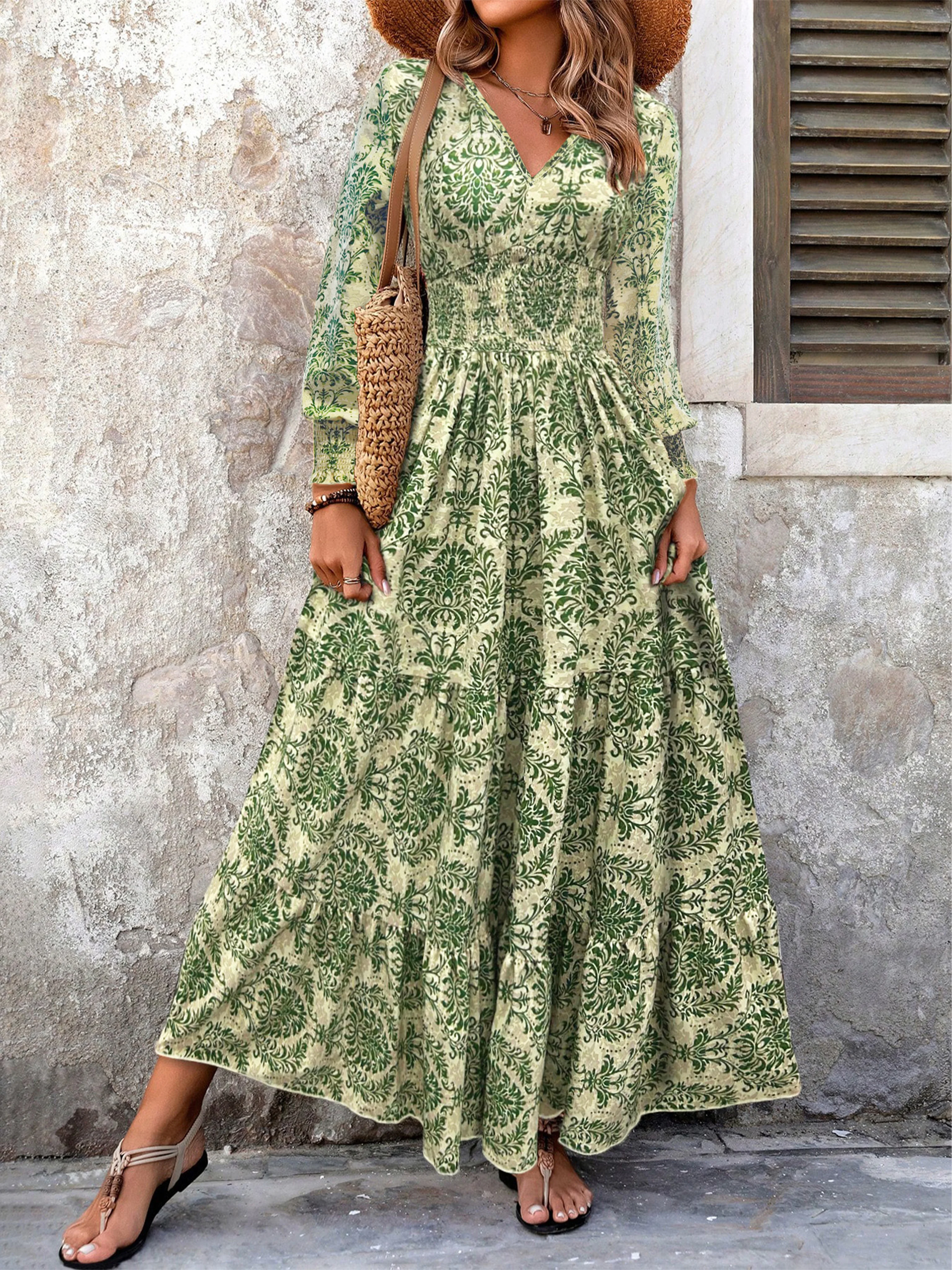 Bohemian Floral Print Maxi Dresses Neck - Image 2