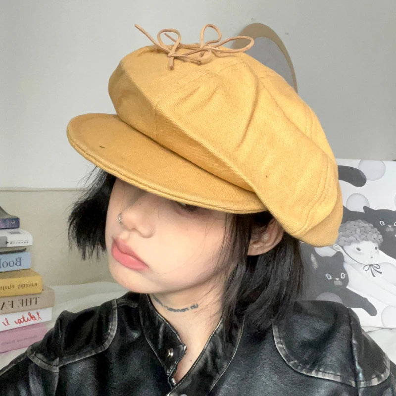 Korean Sweet Bow Design Berets for Women Show Face Small Spring Summer Travel Versatile Retro Literary Short Brim Octagonal Hat