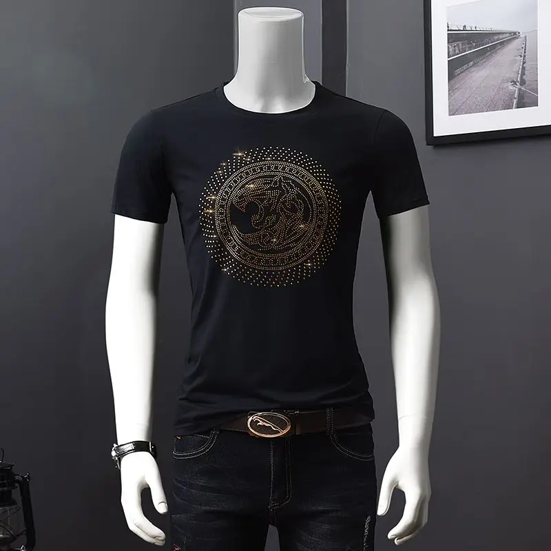 

Men's T-shirt Summer Casual Sports Trend Round Neck T-shirt Heavy Duty Rhinestone Short Sleeved Outerwear Men Clothing