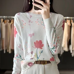 Autumn And Winter New Worsted Wool And Mulberry Silk Printed Round Neck Sweater Fashion Joker Knit Loose Bottoming Shirt Top