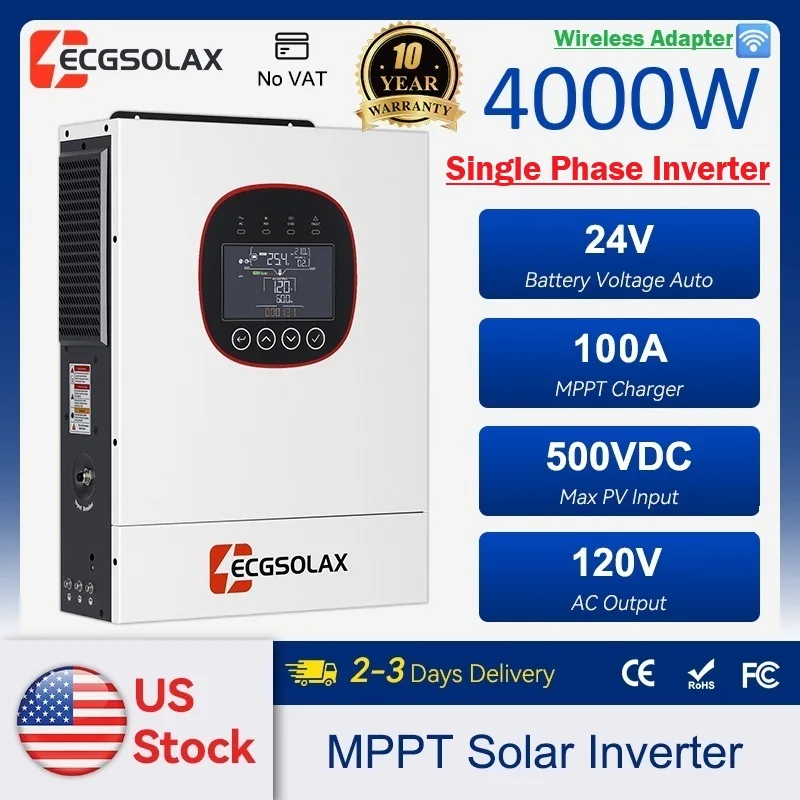 ECGSOLAX 4kW 24V Single Phase Hybrid Solar Inverter 110V/120V AC 100A MPPT Charger 500V PV Input Pure Sine Wave Built-in App Connectivity Module UPS for Home Backup