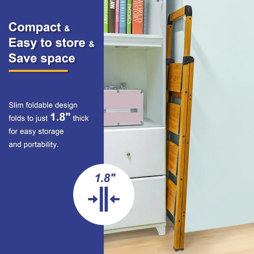 Antypoślizgowy, przenośny, wytrzymały, 4-stopniowy aluminiowy składany stołek z wykończeniem imitującym drewno do użytku domowego, kuchennego i biurowego.