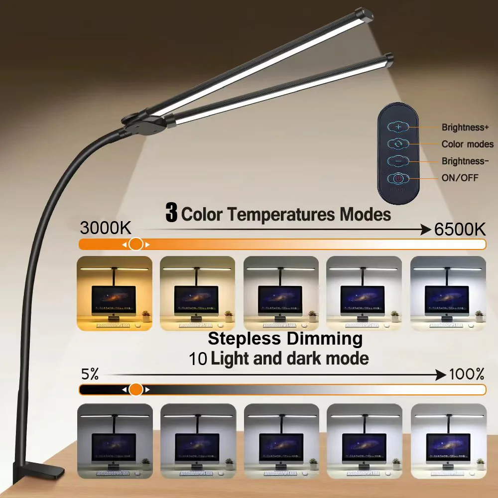 Imagem -04 - Cabeça Dupla Led Desk Lamp Dimmable Computer Monitor Light Usb Candeeiros de Mesa Luzes de Leitura Proteção Ocular Modos de Cor