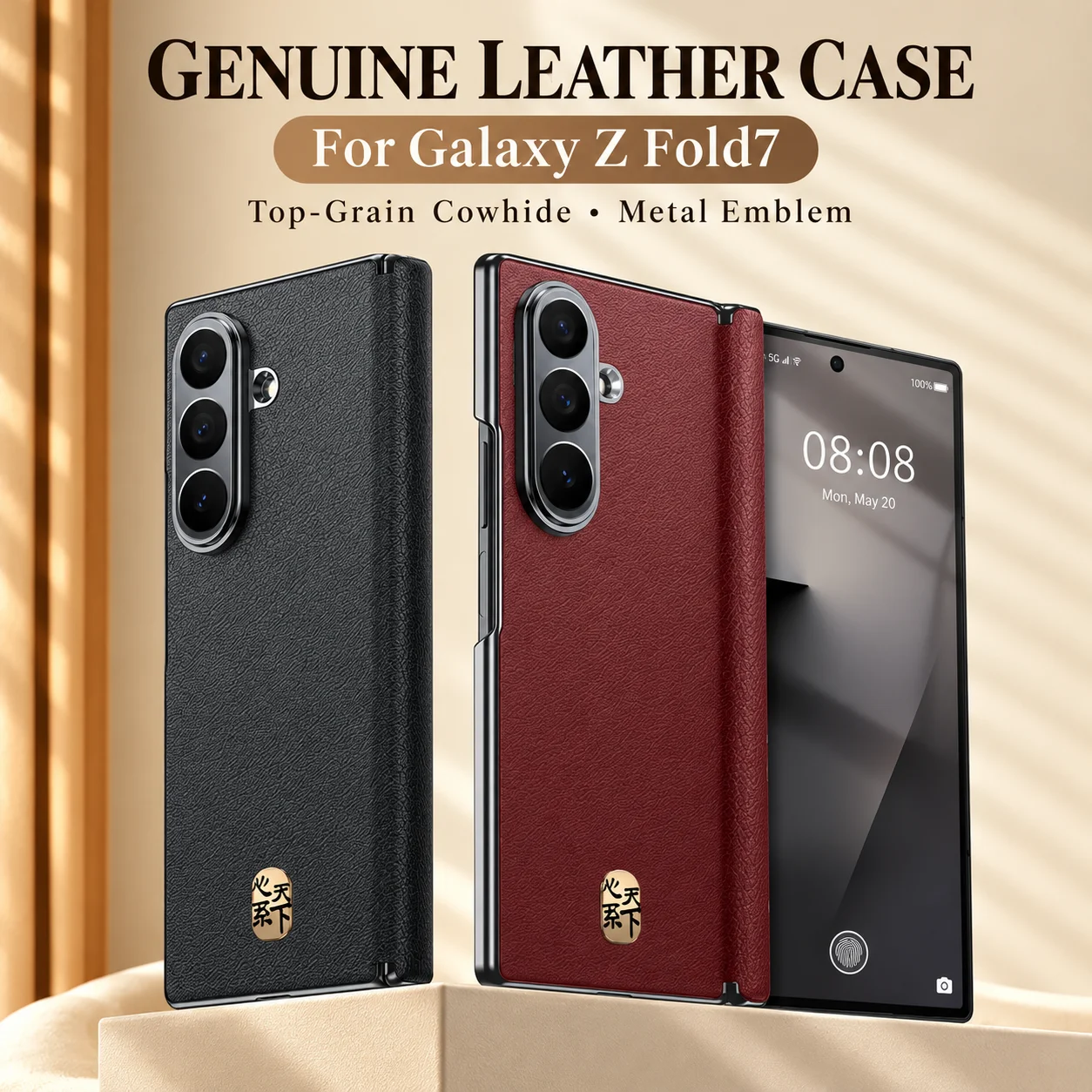 Genuine Leather Phone Case for Samsung Galaxy Z Fold7 Fold 7 Full Coverage Folding Hinge Magnetic Shockproof Protective Cover