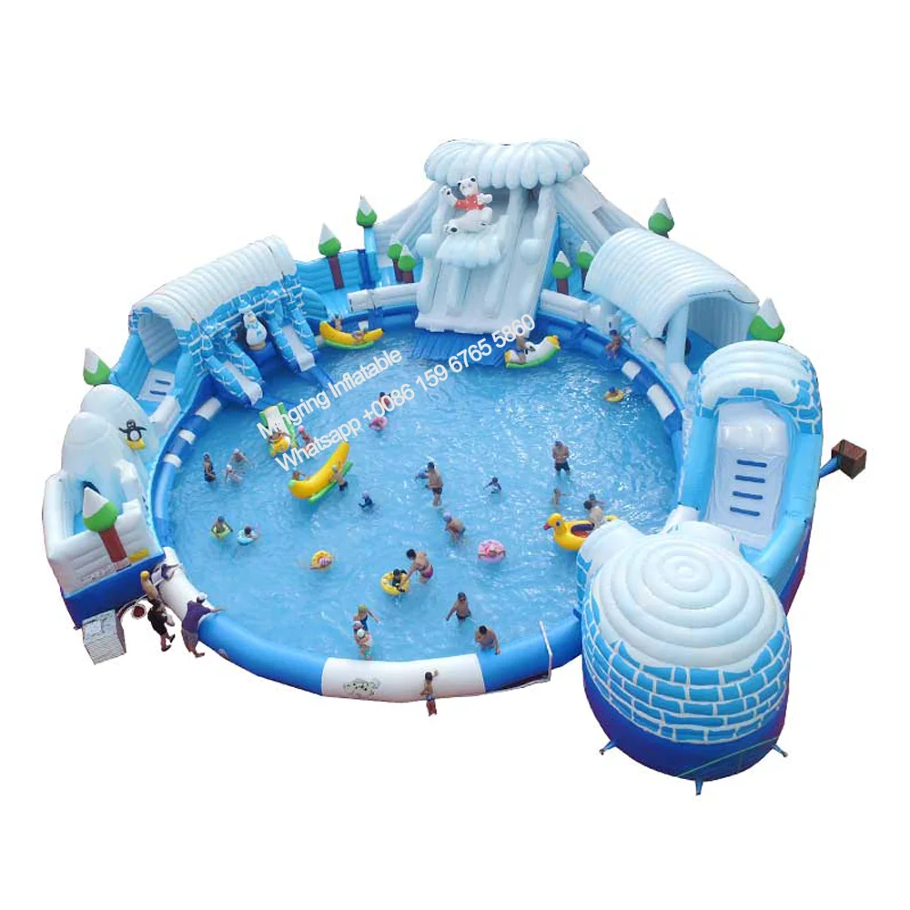 Commercial Mobile Giant Inflatable Ground Ice World Arctic White Bear Water Park Onland Water Slide with Swimming Pool