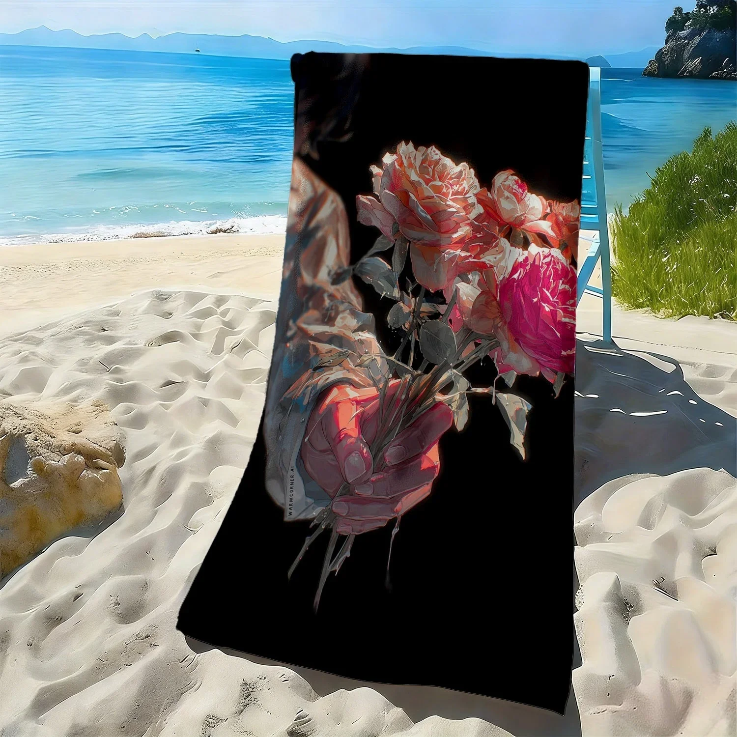 Vibrant Watercolor Bouquet Beach Towel Summer Beach Mat Tropical Floral Print Gift for Women