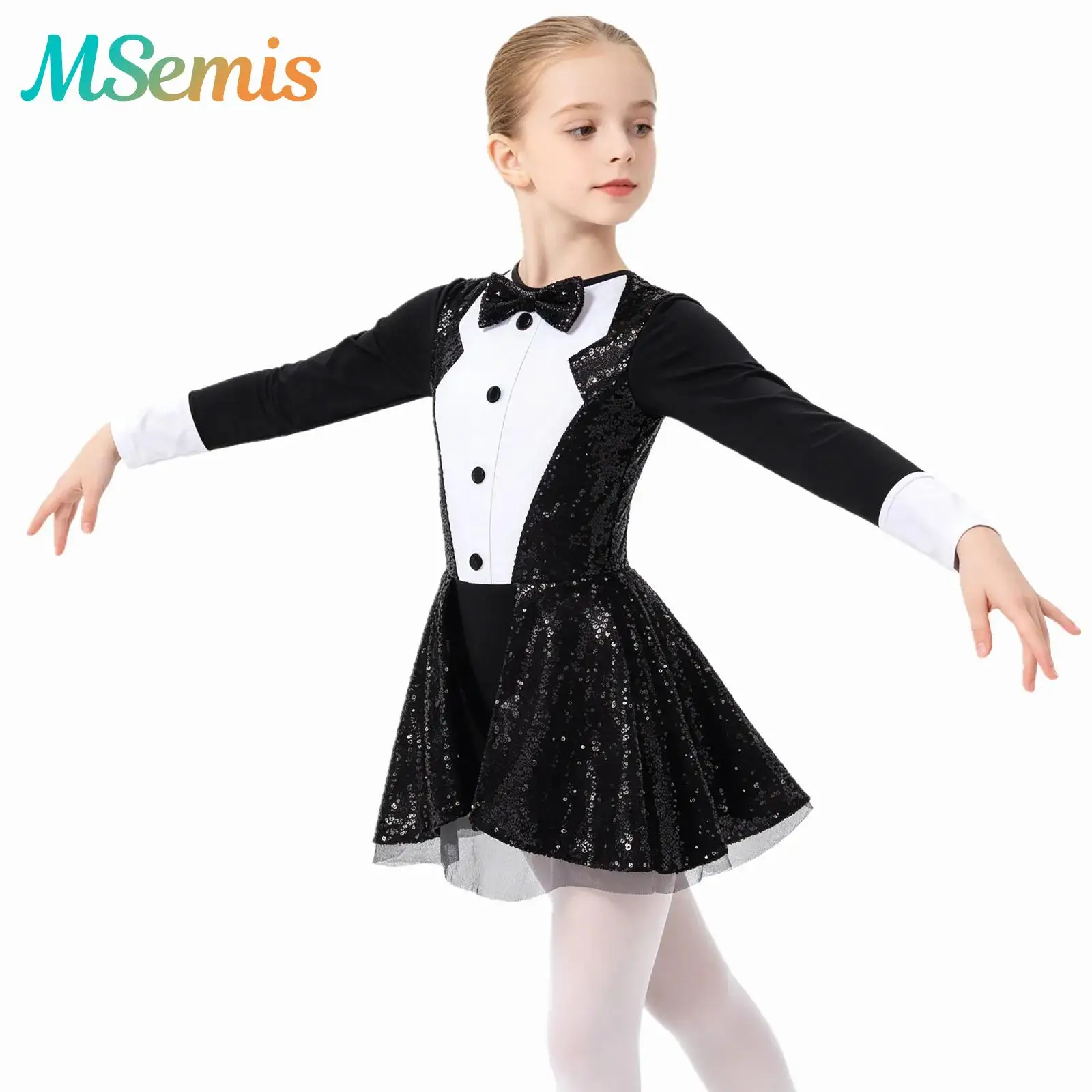 Kids Girls Sequins Leotard Ballroom Dance Dress Adorned Leotard with Hem Shiny Sequins Circus Ringmaster Magician Jazz Costume