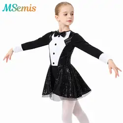 เด็กผู้หญิงกางเกงยีนส์ Leotard เต้นรำบอลรูมชุดรอบคอ Dancewear ประดับ Leotard กับ Hem Shiny Sequins แจ๊สเครื่องแต่งกาย