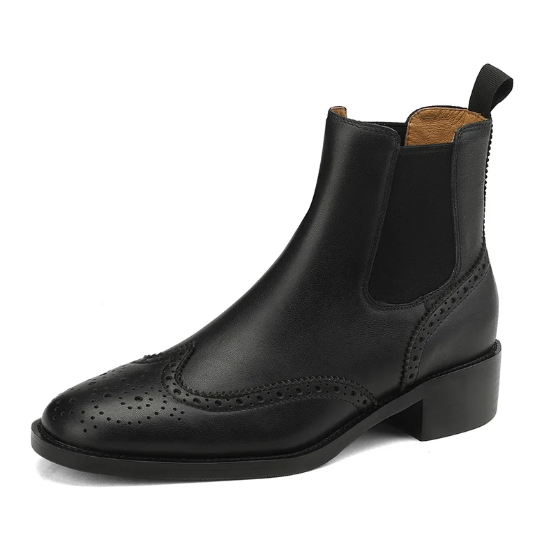 

Genuine Leather Women's Ankle Boots Autumn Round Toe Chelsea Boots Elegant Ladies Black 4cm Mid Square Heels Slip-on Shoes