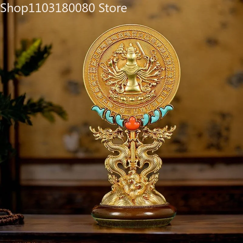 19cm Tibetan Gilt Brass Cundi Mirror Buddhist Ritual Religious Tool Altar Home Decor