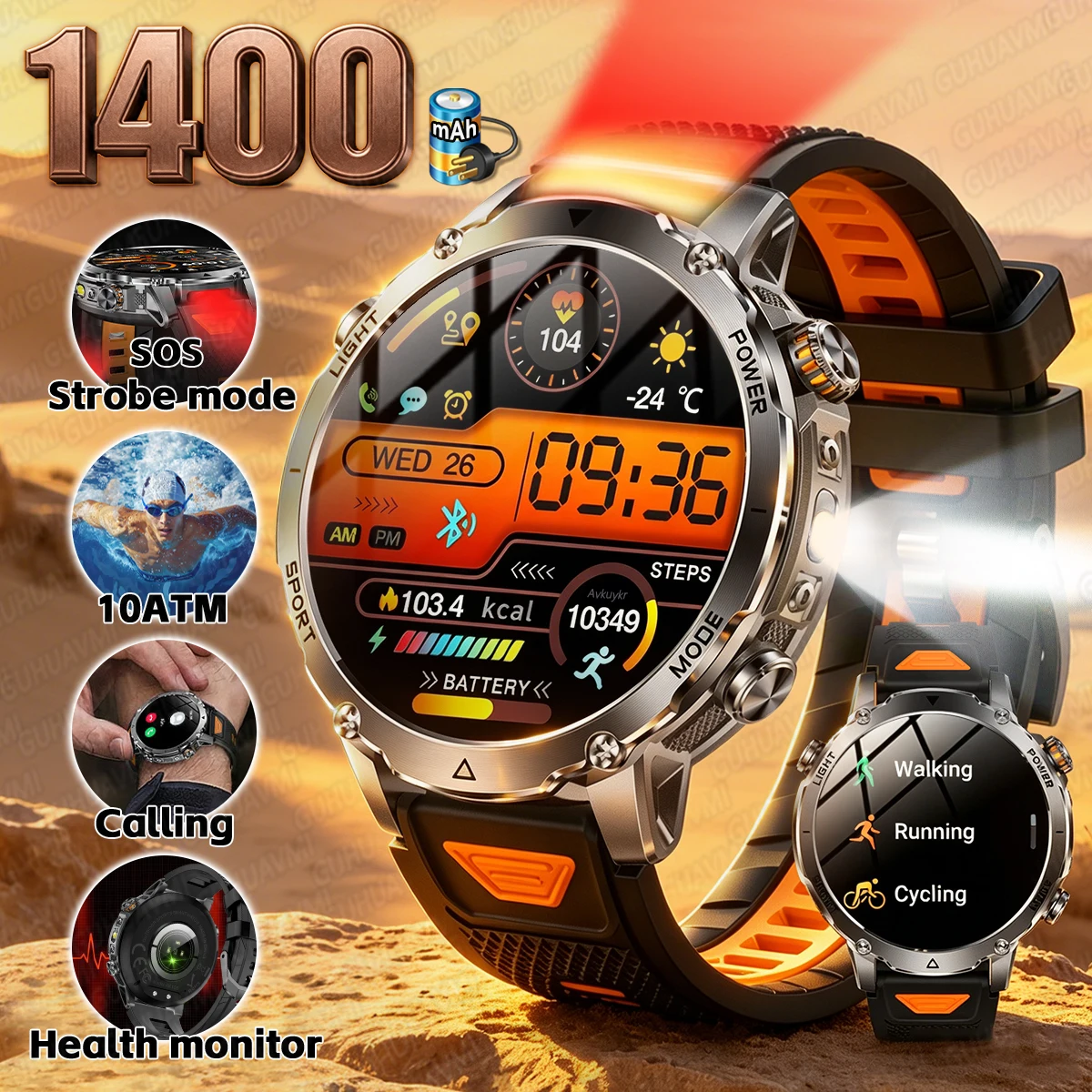 2026New Outdoor Military Shining Flashlight Sports SmartWatch 1400mAh Battery 10ATM Swim SOS Call Heart Rate Fitness Tracker Men