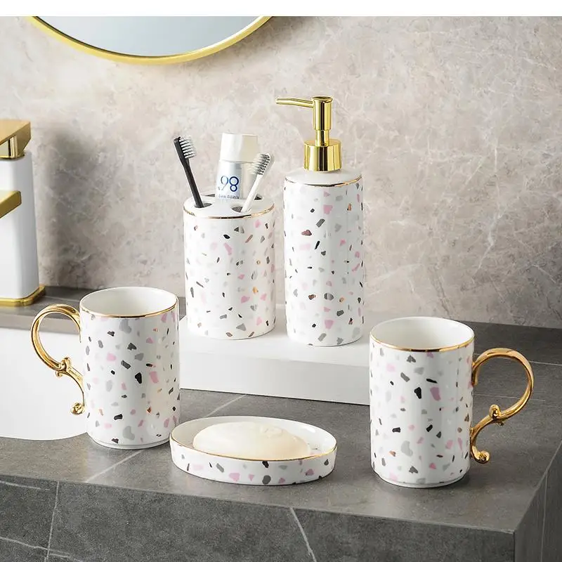 Phnom Penh Terrazzo Bathroom Accessories Set Ceramic Toothbrush Holder Cup Toothpaste Dispenser Lotion Bottle Soap Box