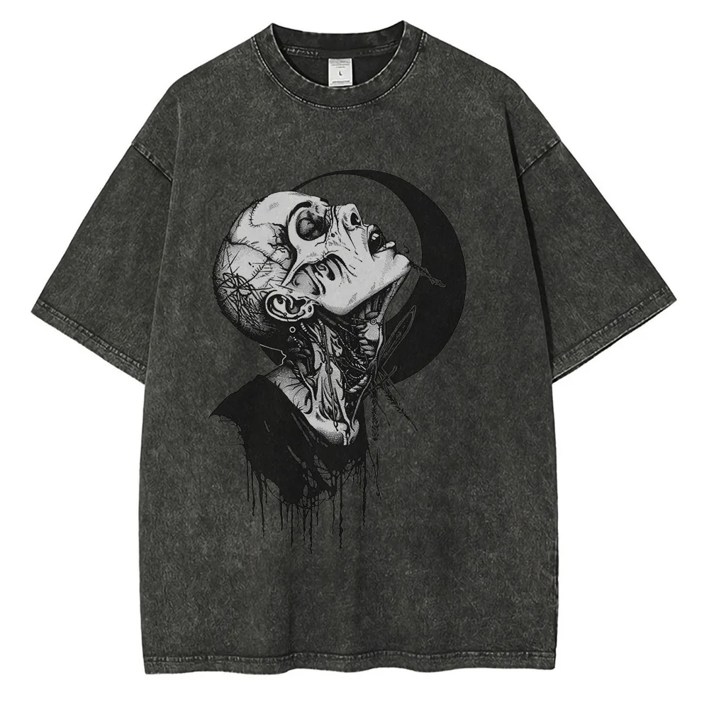 Punk Gothic Graphic T Shirts for Men Heavyweight Pure Cotton Distressed Washed T Shirt Drop Shoulder Retro Oversized Tops