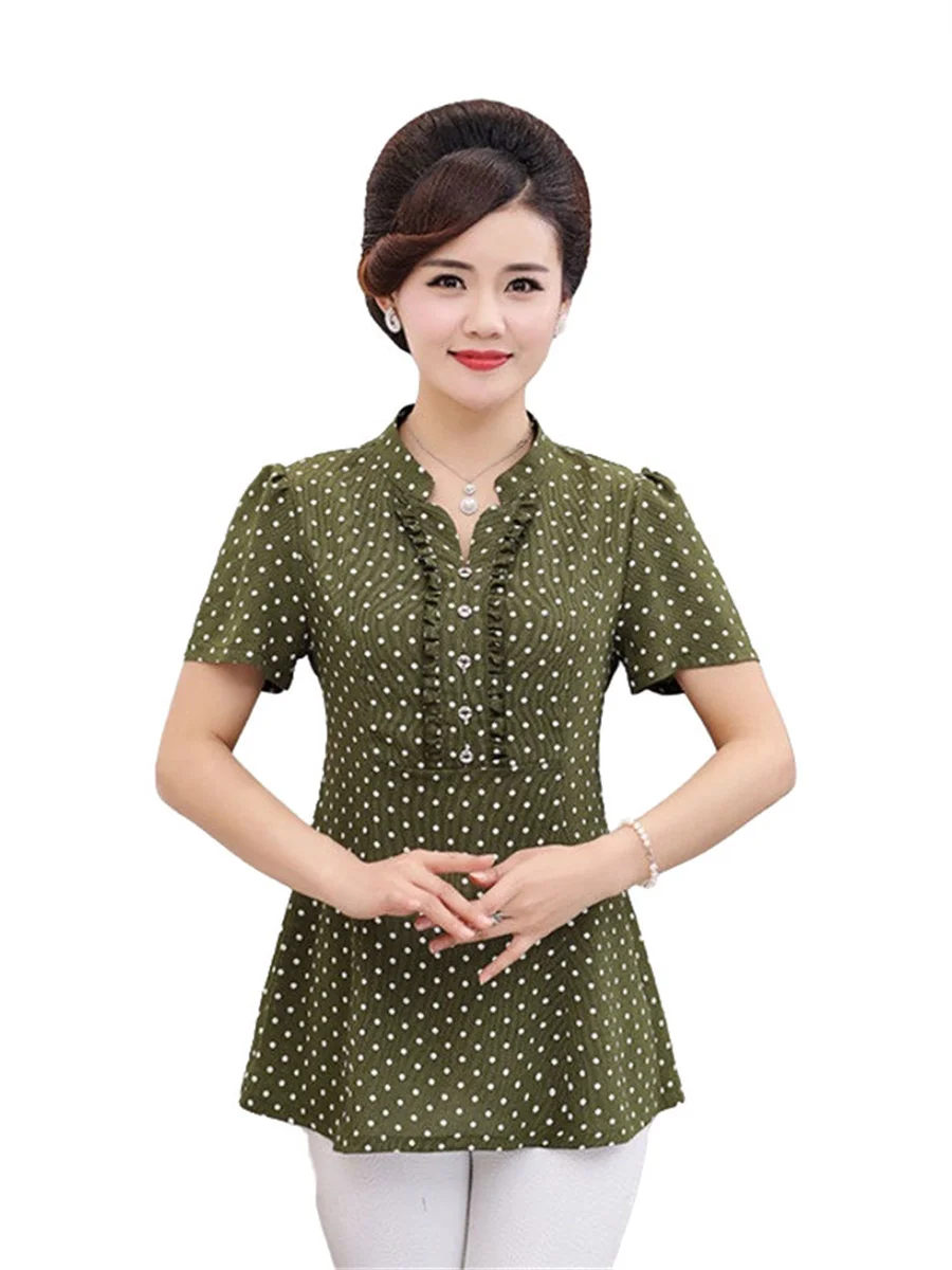 5XL Loose Women Spring Summer Shirts Lady Fashion Casual Short Sleeve V-Neck Collar Polka Dots Blusas Tops TT2036