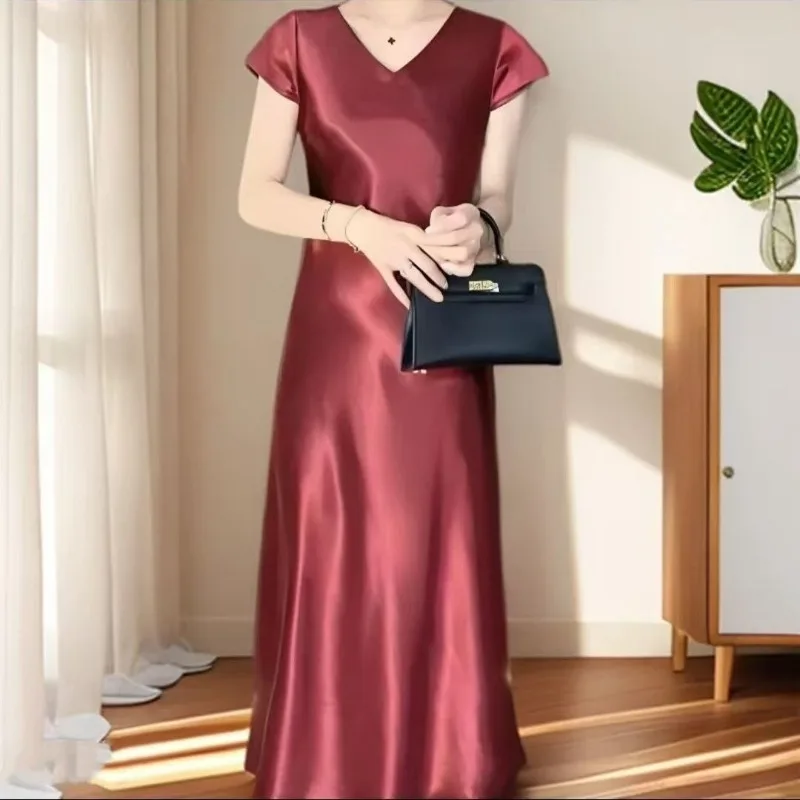 Robe en Satin nacré à manches courtes, robe d'été fine en Satin doré, queue de poisson française