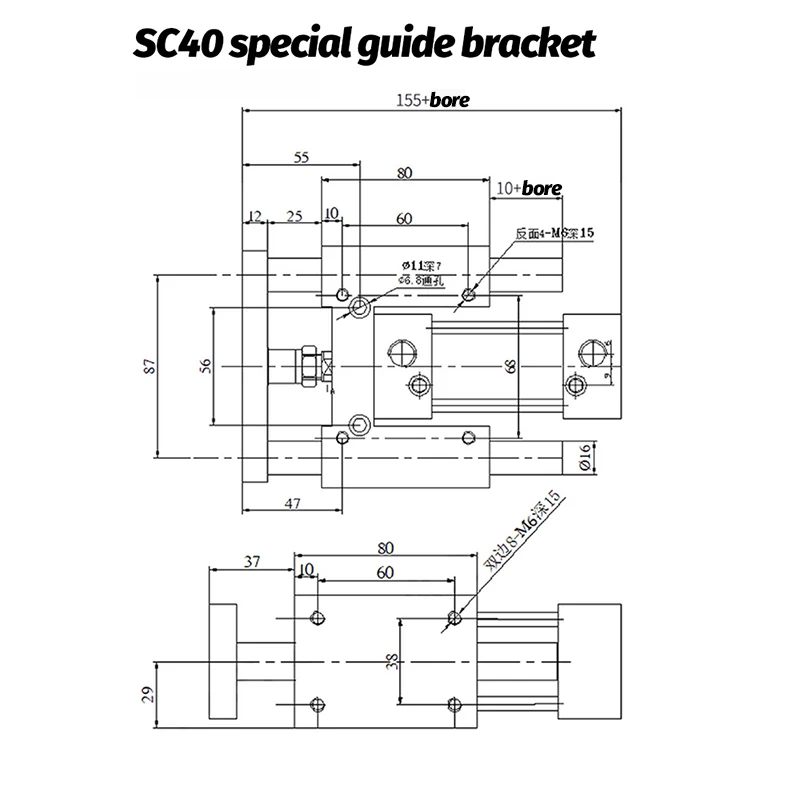 SC Standardzylinder Drei-Achsen-Drei-Führungs-Zylinder Führungsrahmen Pneumatischer Führungsständer SC32 40 50 63-50 75 100 200 300 400 500 – Detail 6