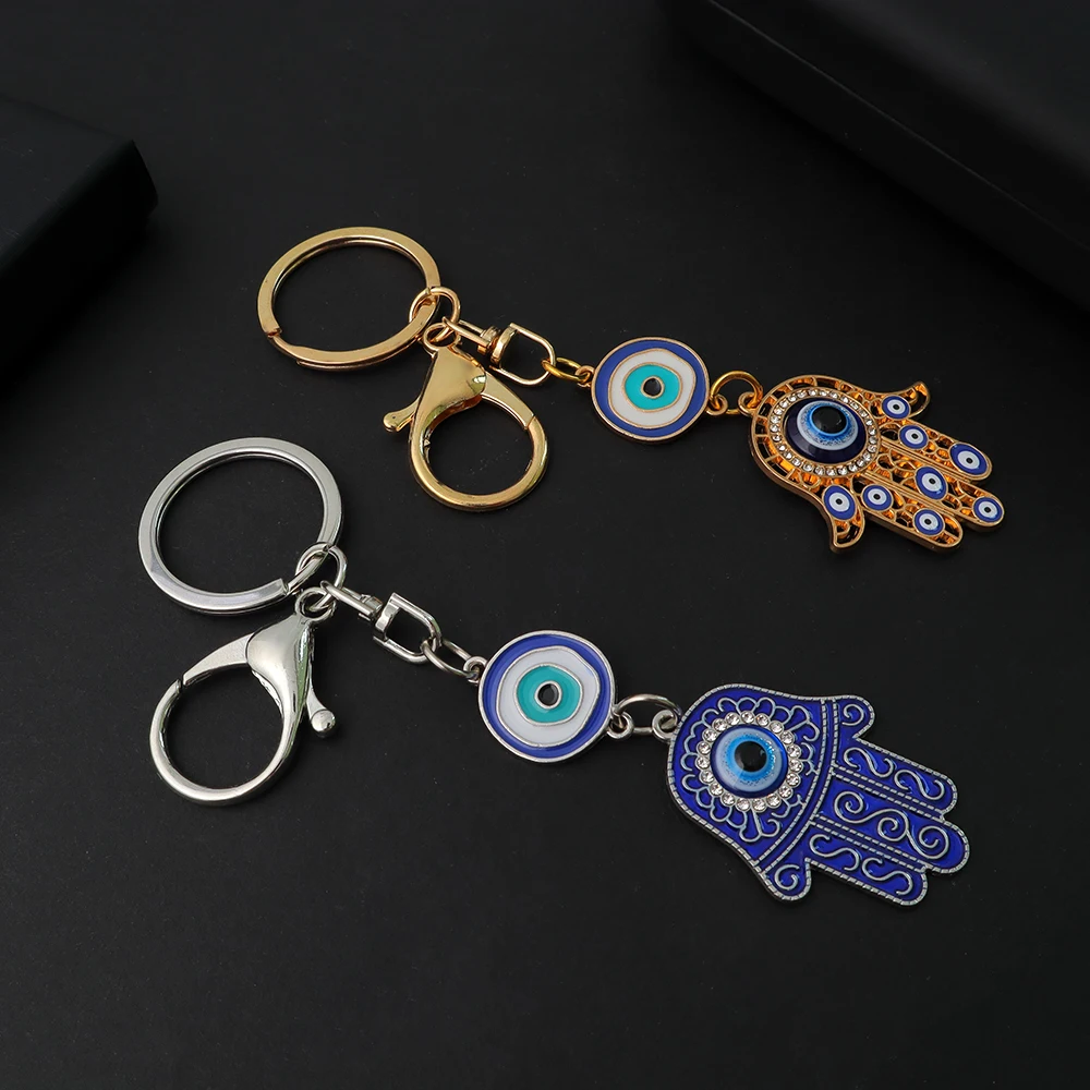 Turkish Devil Eye Keychains for Women Men Rhinestone Hamsa Hand Keyrings Fashion Bag Car Airpods Box Key Accessories Gift