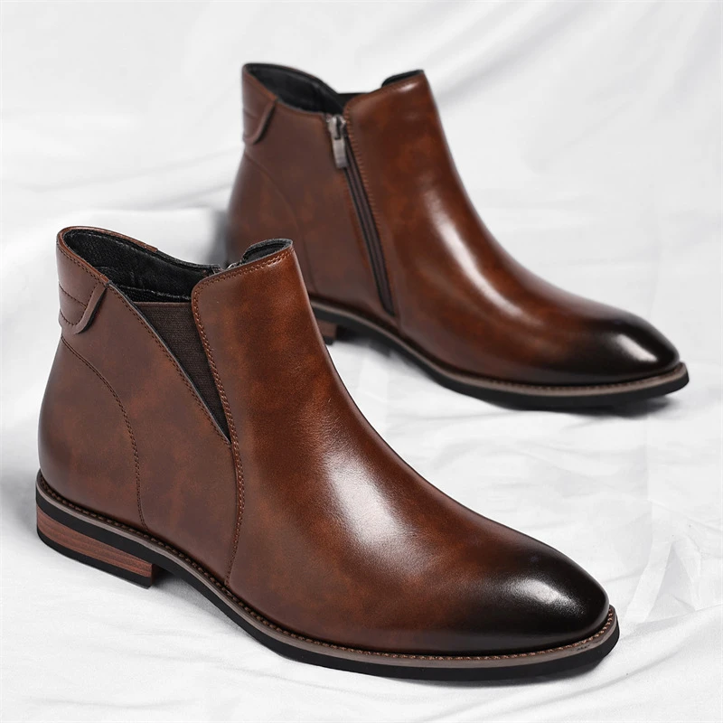 Mens Brown Gradient Leather Chelsea Ankle Boots Side Zipper Elastic Panel Block Heel Formal Business Office Work Daily Wear Boot