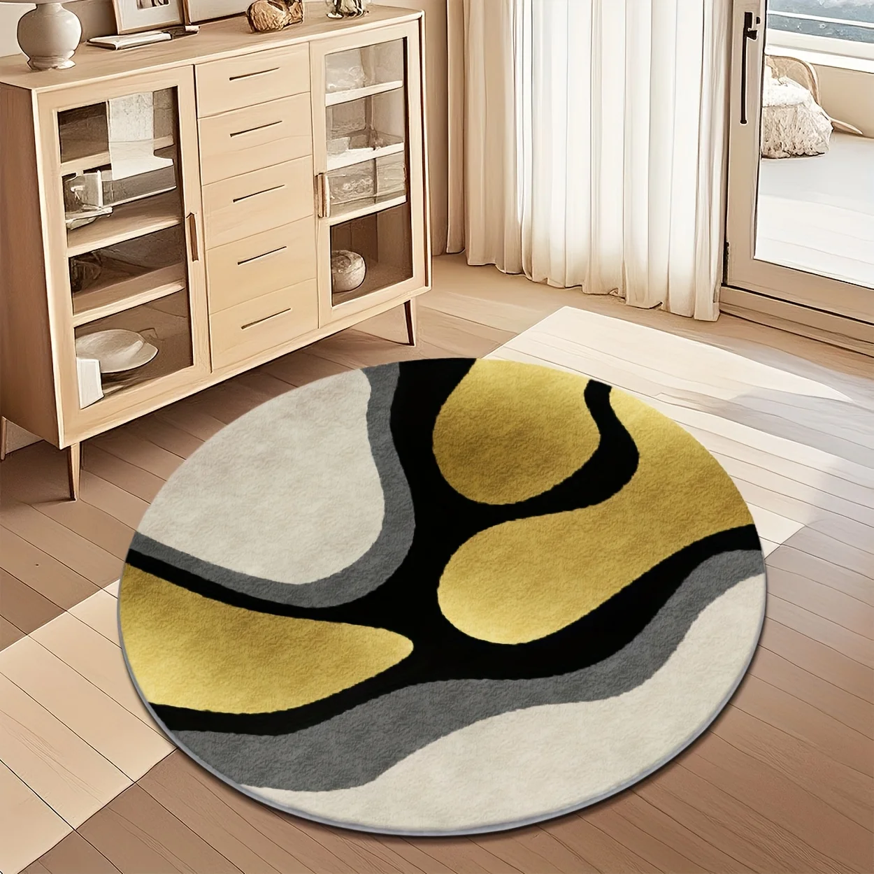 Mid Century Modern Wavy Line Circular Rug  Neutral Cream Yellow Abstract Geometric Round Floor Mat Indoor Home Decor Doormat