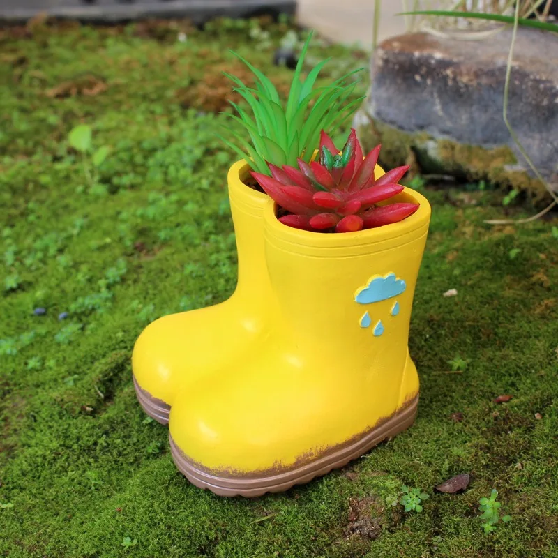 Cute Yellow Boot‑Shaped Resin Succulent Planter, Creative Multi‑Function Desktop Flower Pot Pen Holder for Home Table Decor