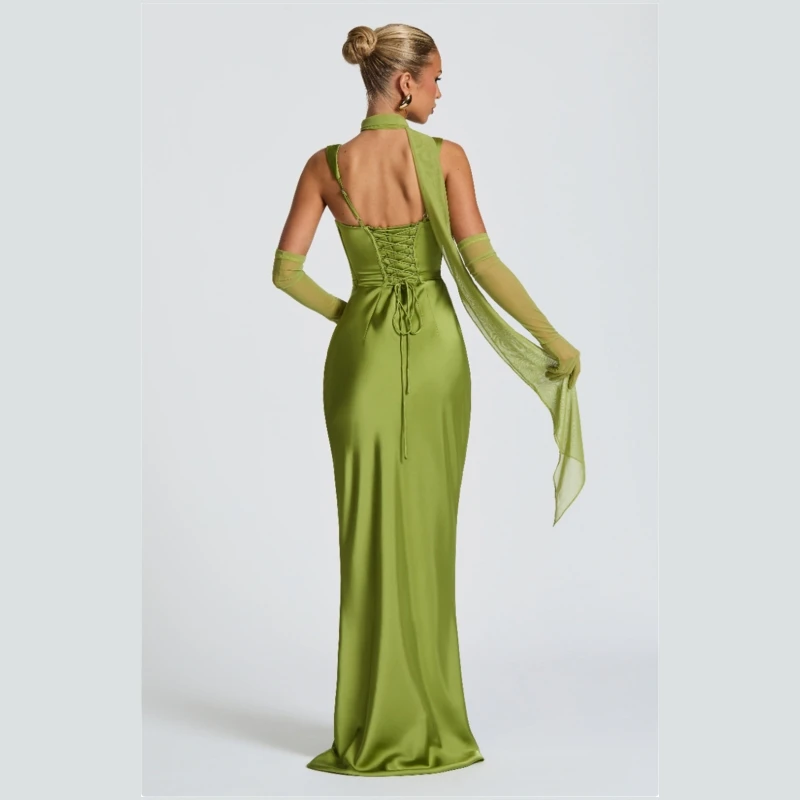 

Elegant Satin Backless Sexy Maxi Dress Women Elegant Halter Off-Shoulder Sleeveless Lace-Up Bodycon Club Party Long Dresses New