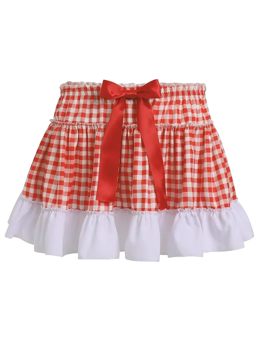 

Women Plaid Print Ruffle Mini Skirt High Waist Layered Tartan Skirt Gingham Graphic Tiered Summer Casual Beach Vacation Skirt