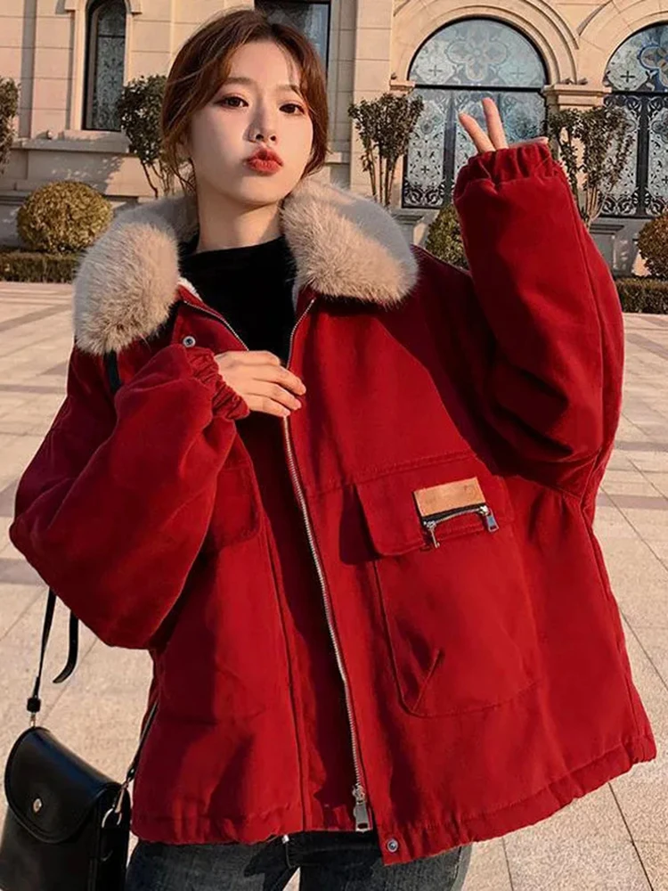 Zoki Winter Warm Red Parkas Women Korean Long Sleeve Thick Plush Coats Fashion Casual Design Female Sweet Elegant Chic Jackets