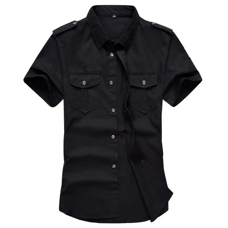 Military Shirt Men\'s Shirts Casual Style Fashion Clothing Cotton Short Sleeve Retro Vintage Solid Black Simplicity Drop Shipping