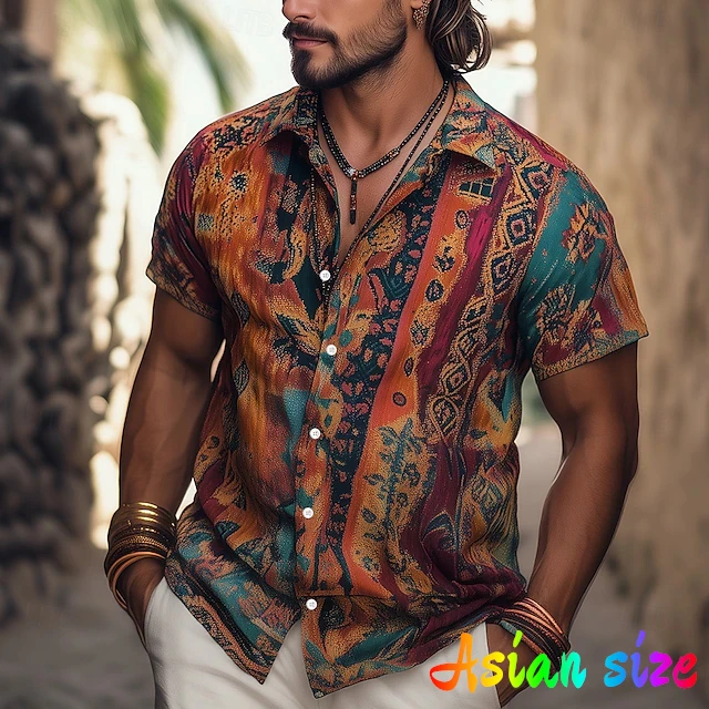 Men's Hawaii Summer India style Pattern Vintage Stripe Casual Shirts Beach Retro Short Sleeve Blouse New Vacation Party Camisa