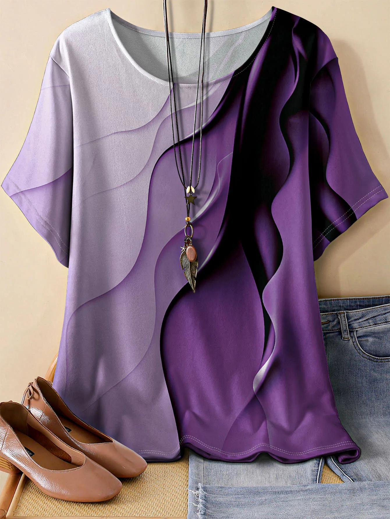 Women Short Sleeve T‑Shirt Gradient Purple Abstract Wave Line Print Round Neck Loose Casual Summer Daily Blouse Tops