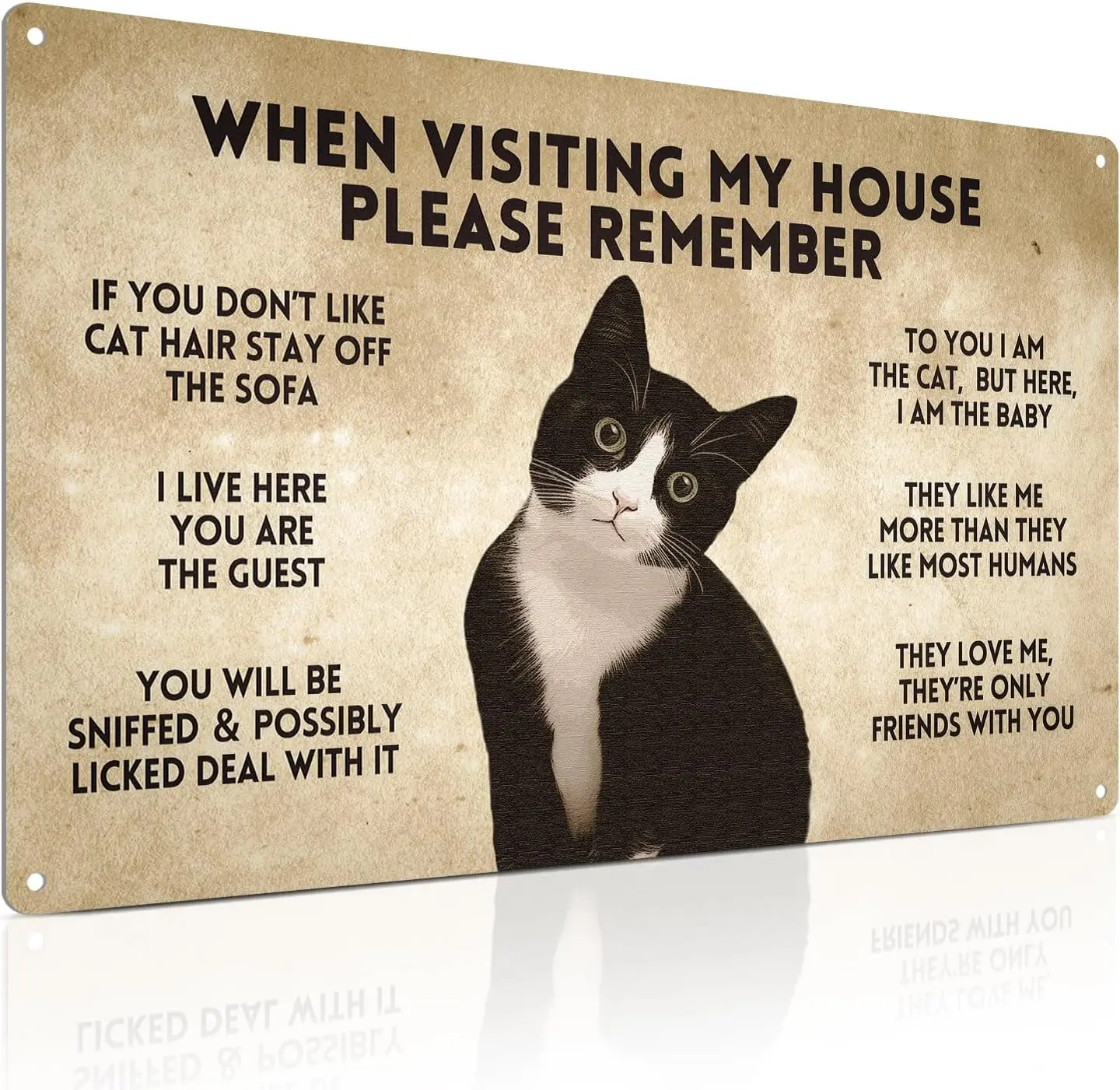 Gift for Cat Lovers Funny Tuxedo Cat Rules Metal Signs, When Visiting My House Please Remember, Cat Signs for Wall Door Decor 8