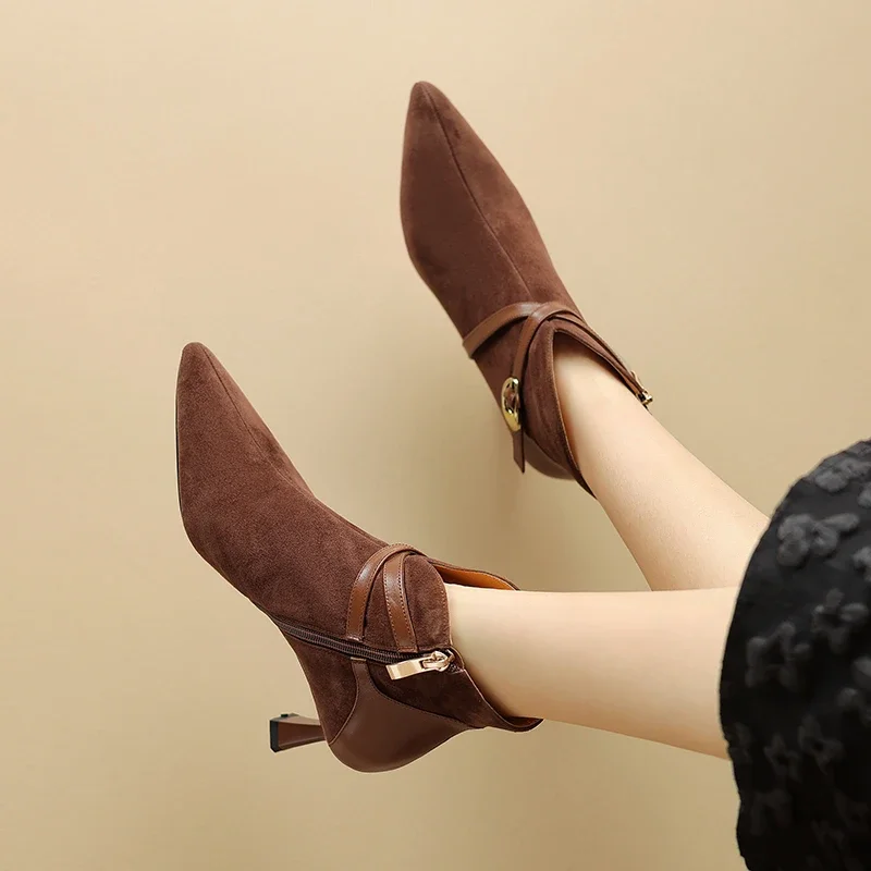 NEW Autumn/Winter Women Boots Sheep Suede Leather Shoes Women Pointed Toe Thin Heel Shoes Zip Ankle Boots Elegant Modern Boots