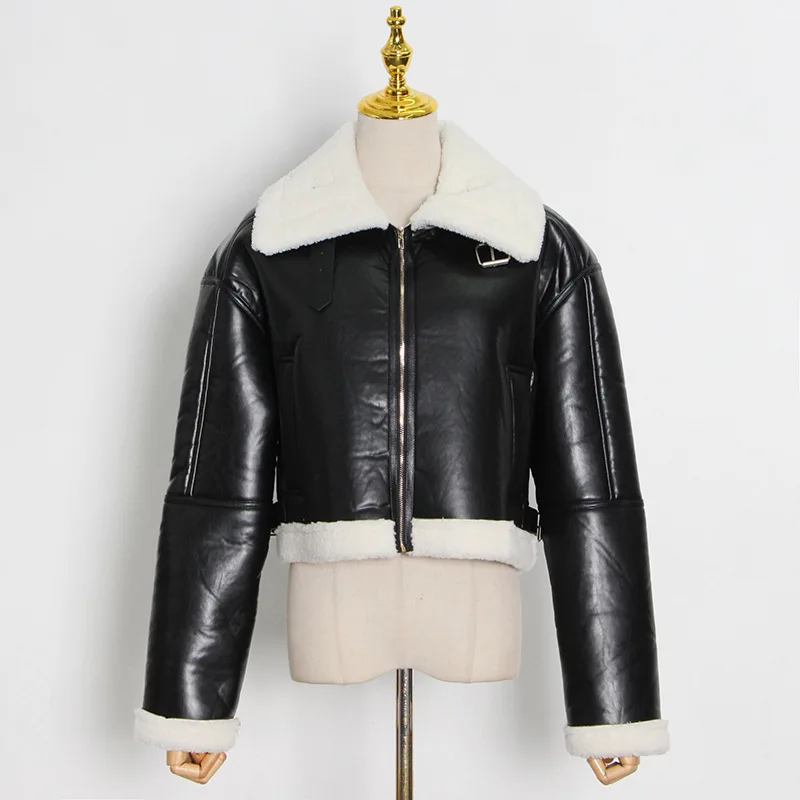 ZAMOR Winter 2026 New Thickened PU Integrated Fleece Large Lapel Zipper Unique Short Lamb Wool Coat Women