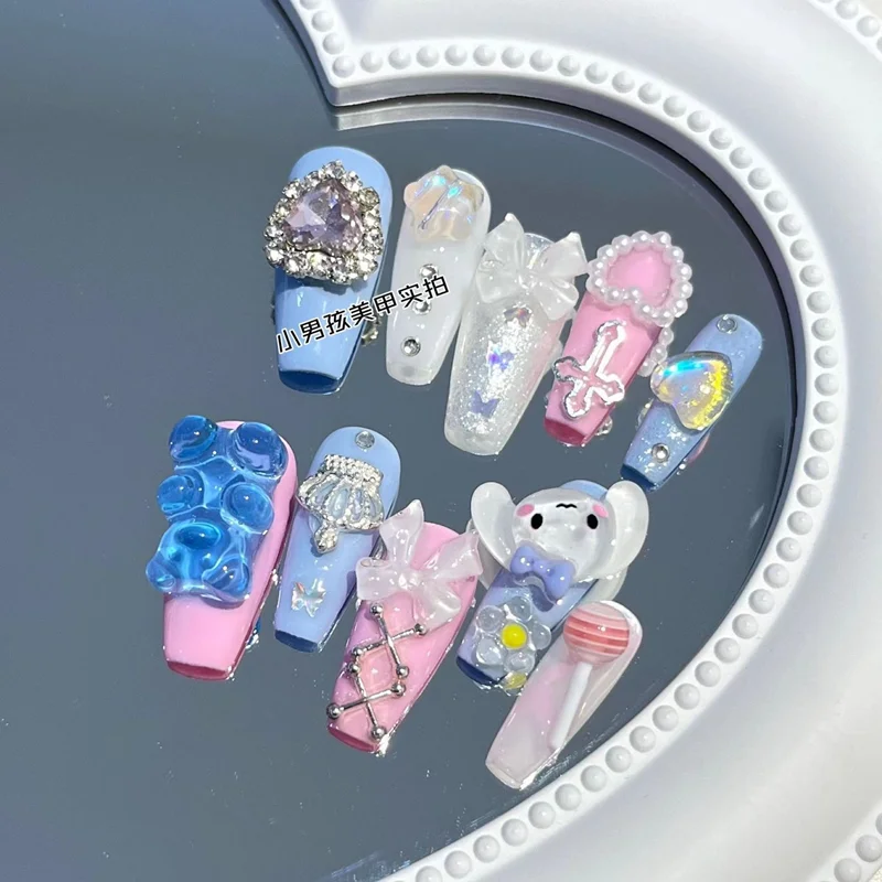 DIY Hello Kitty Melody Kuromi Y2K Press On Nail Anime Fake Nails Glue Long Coffin Stiletto Nails Full Cover Nail Tips Cosplay