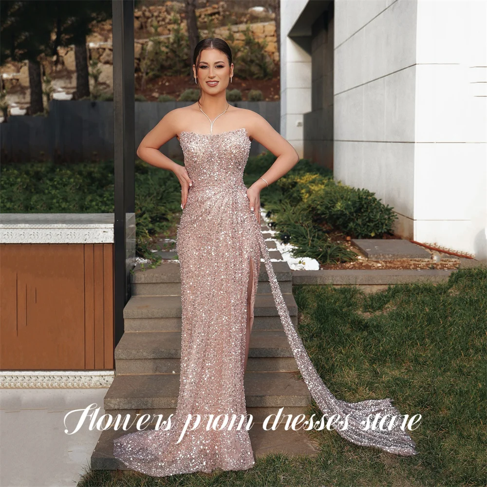 

Flowers Rose Pink Luxury Evening Dress Strapless Formal Gown Glitter Mermaid Night Dress with Side Slit Prom Dresses Customized