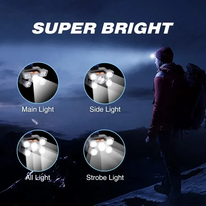 5LED Bright Headlamp Rechargeable Waterproof Adjustable 4Modes Lightweight for Outdoor Camping Running Hiking